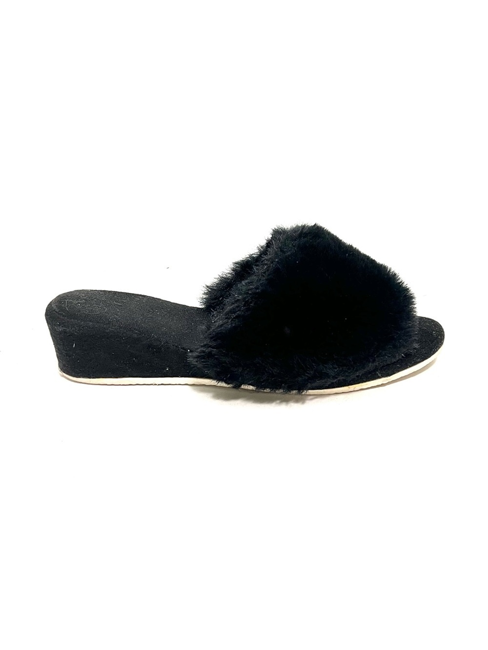 Vintage 1980s fuzzy black faux fur peep toe wedge boudoir slippers